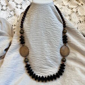 Vintage Bohemian Wooden Beaded Necklace with Brass Barrel Clasp